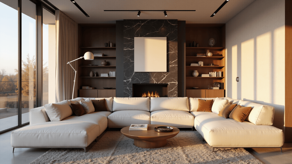 "Sunlit contemporary living room with ivory L-shaped sofa, black marble fireplace, walnut shelving, and modern minimalist decor"