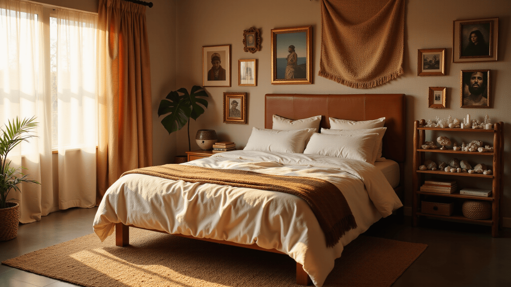 "Bohemian bedroom bathed in golden hour sunlight, with leather headboard, ivory linens, vintage gallery wall, handwoven tapestry, crystal display, and jute rug"