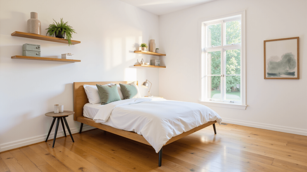 "Cozy minimalist bedroom with oak platform bed, white linens, sage accents, floating shelves and sunlight streaming through tall window"