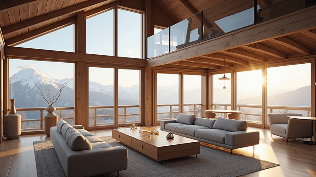 "A cozy cabin interior with exposed pine beams, large windows showcasing picturesque mountain views, minimalist furniture, and warm gold-tone lighting"