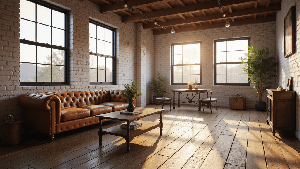 "Sunlit industrial farmhouse living room with leather sofa, exposed beams, black metal accents, vintage factory windows on white brick background"
