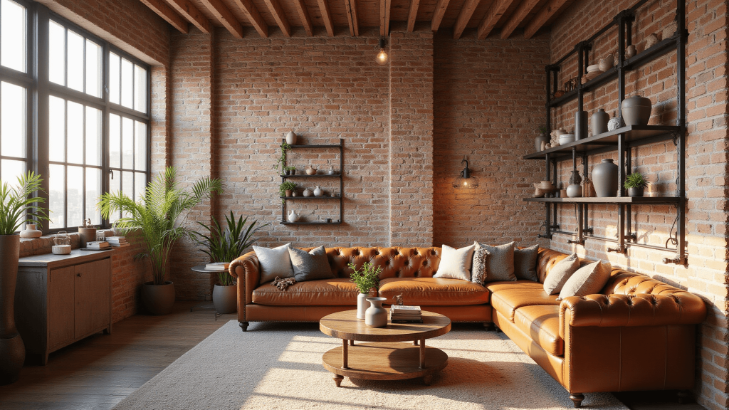 "Industrial farmhouse loft interior with exposed brick, reclaimed wood, leather sofa, Edison bulb lights, neutral palette, and morning light"