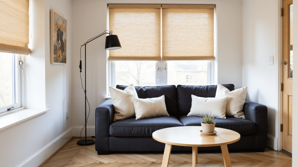 "Japandi style living room with charcoal sofa, cream pillows, oak herringbone floors, bamboo shades and natural sunlight creating a warm, minimal aesthetic"