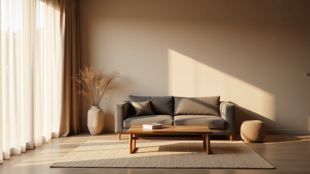 "Japandi-style minimalist living room bathed in soft golden hour light, with beige walls, charcoal linen sofa, walnut coffee table, and bamboo vase"