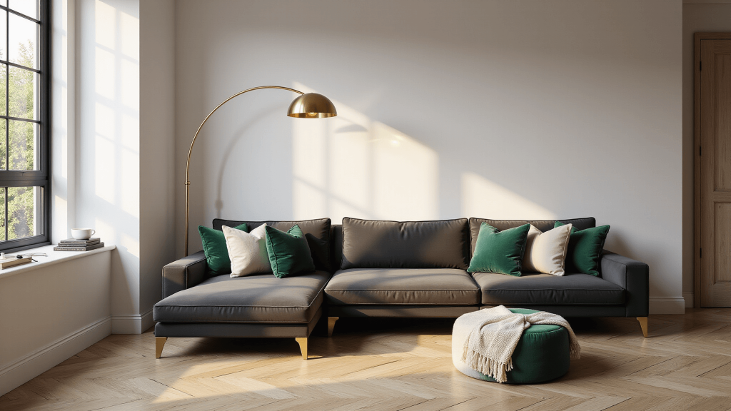 "Elegant living room with dark grey velvet sofa, emerald pillows, brass accents, and white oak herringbone floor bathed in golden hour light"