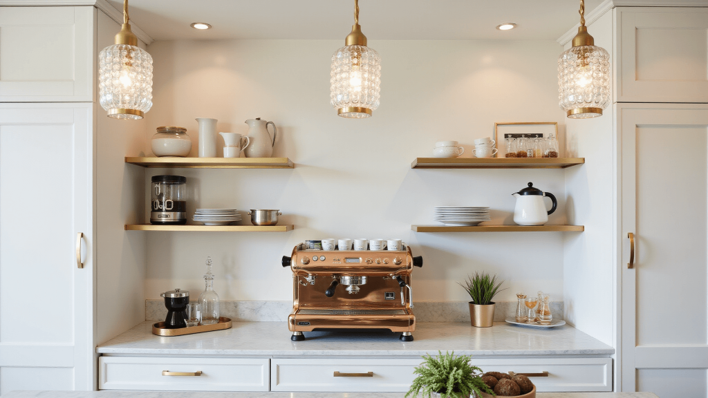 "Luxurious home coffee bar with copper espresso machine, marble countertop, brass fixtures, crystal pendant lights, and morning sunlight in a bright, clean interior"