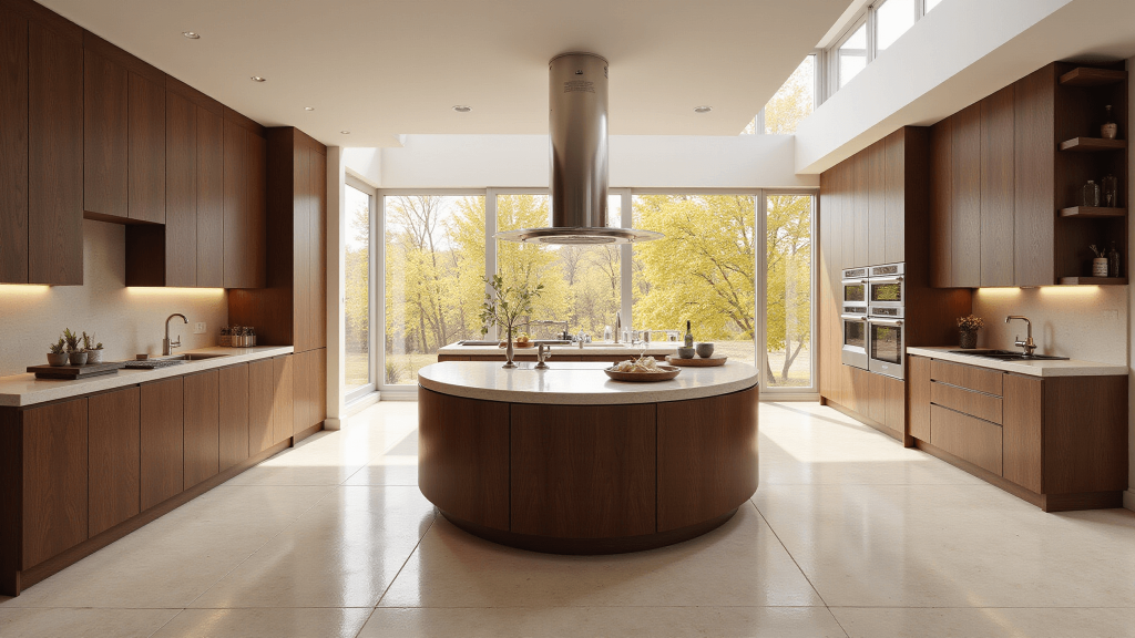 "Luxurious modern kitchen with a curved walnut island, chocolate cabinets, cream limestone floors and morning sunlight streaming through large windows"
