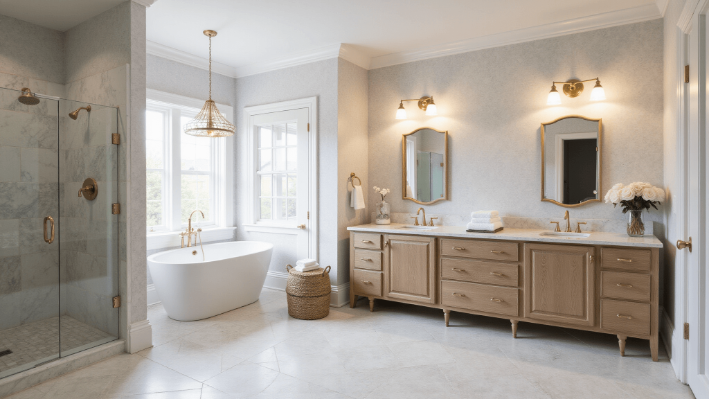 "Luxurious transitional bathroom interior with marble herringbone floors, freestanding oval tub, weathered oak vanity under golden hour lighting with clean modern aesthetics and soft textures"