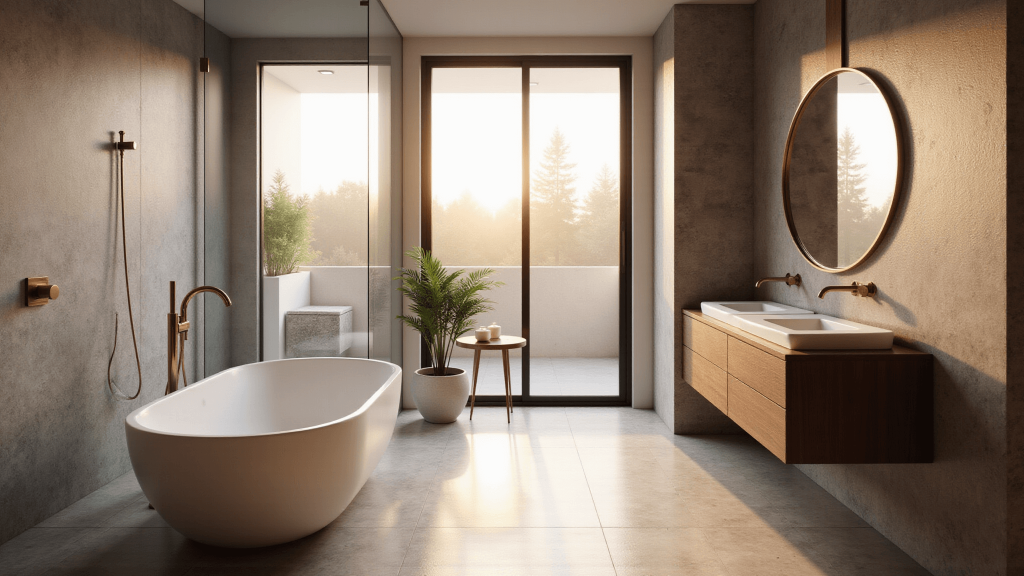 "Luxurious modern bathroom with freestanding tub, rainfall shower, floating double vanity, warm golden lighting, brass fixtures, and potted palm plant"
