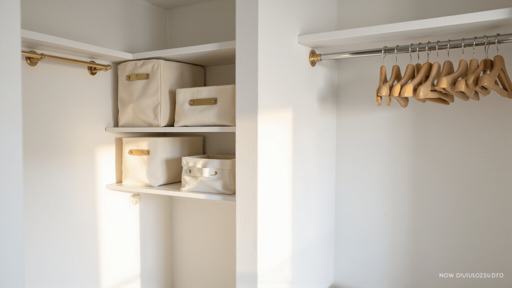 "Minimalist closet with velvet hangers, canvas bins, floating shelves and brass accents under warm lighting against a white background"