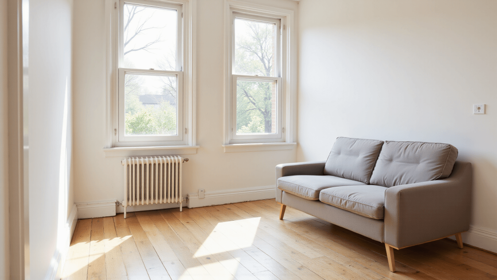 "Minimalist tiny apartment interior lit by golden hour sunlight through floor-to-ceiling windows, featuring a dove gray sofa, light oak floors, and clean lines on white walls."