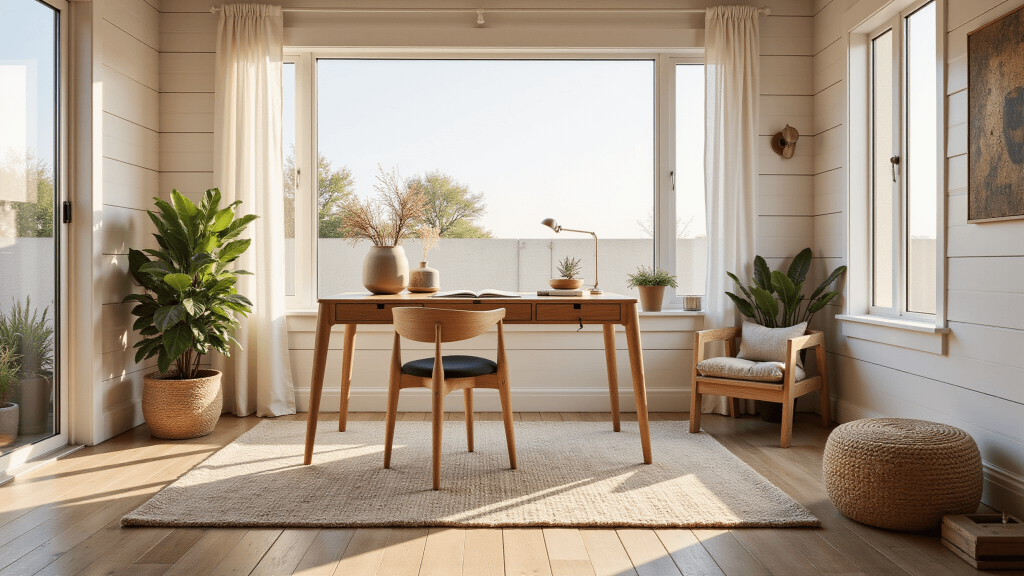 "Modern minimalist backyard studio with white shiplap walls, oak desk, neutral rugs, and brass accents during golden hour"