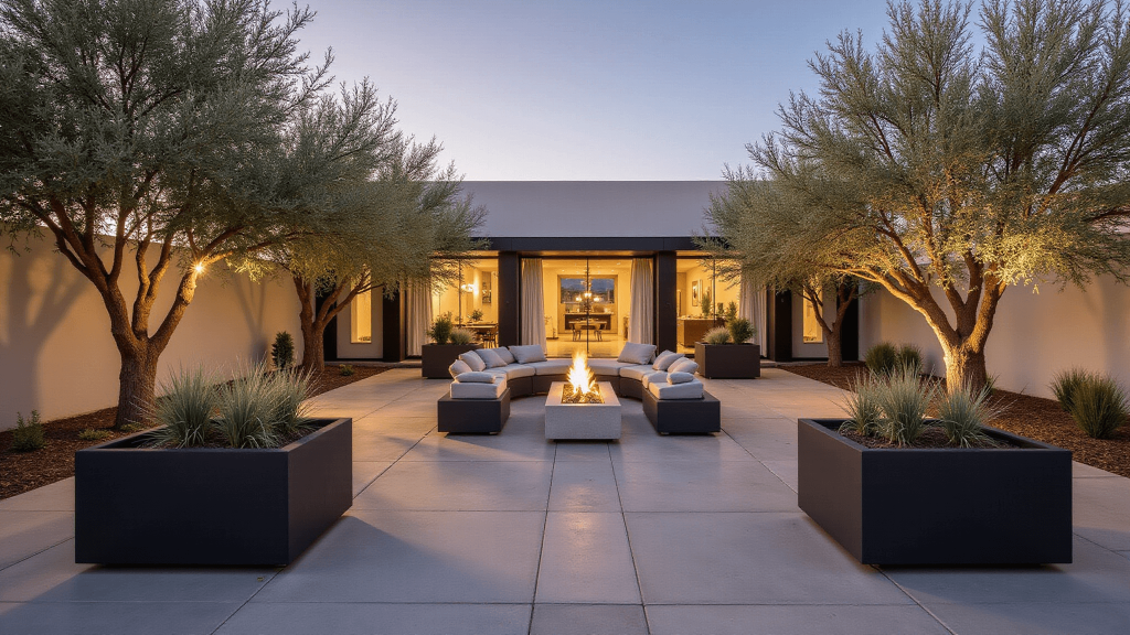 "Modern backyard terrace with fire pit, modular seating, and olive trees at sunset"