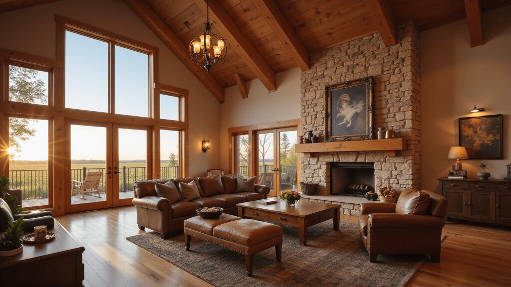 "Interior of a modern barn conversion with soaring ceilings, wooden beams, floor-to-ceiling windows, stone fireplace, rustic furniture, and warm sunlight illuminating the room."