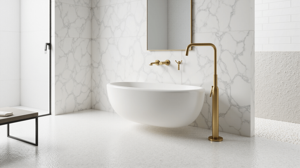 "Modern bathroom tile design with marble, white subway tiles, geometric patterns and hexagonal mosaics on a white background, accented by brass and matte black fixtures"