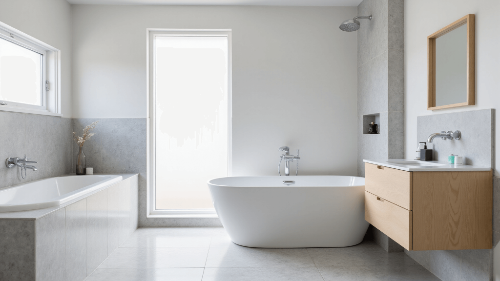"Modern minimalist bathroom with white tub, gray marble tiles, oak vanity, and natural morning light"