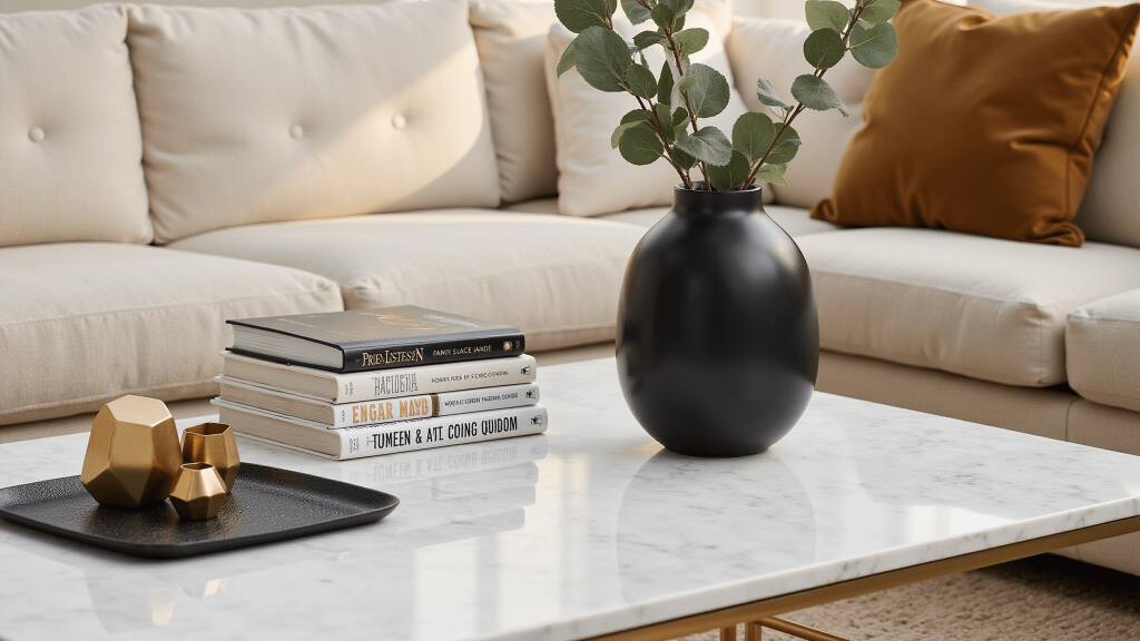 "Modern coffee table with art books, black ceramic vase, brass objects and shagreen tray under warm natural light, against a cream bouclé sofa"