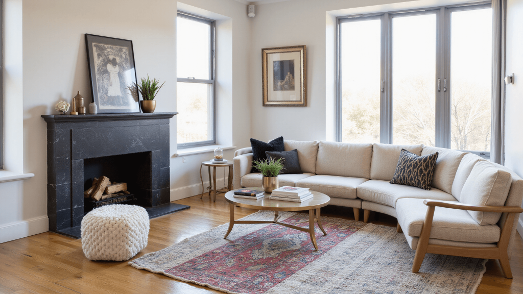 "Modern living room with black limestone corner fireplace, brass accents, curved sectional sofa, vintage rugs, and natural morning light."