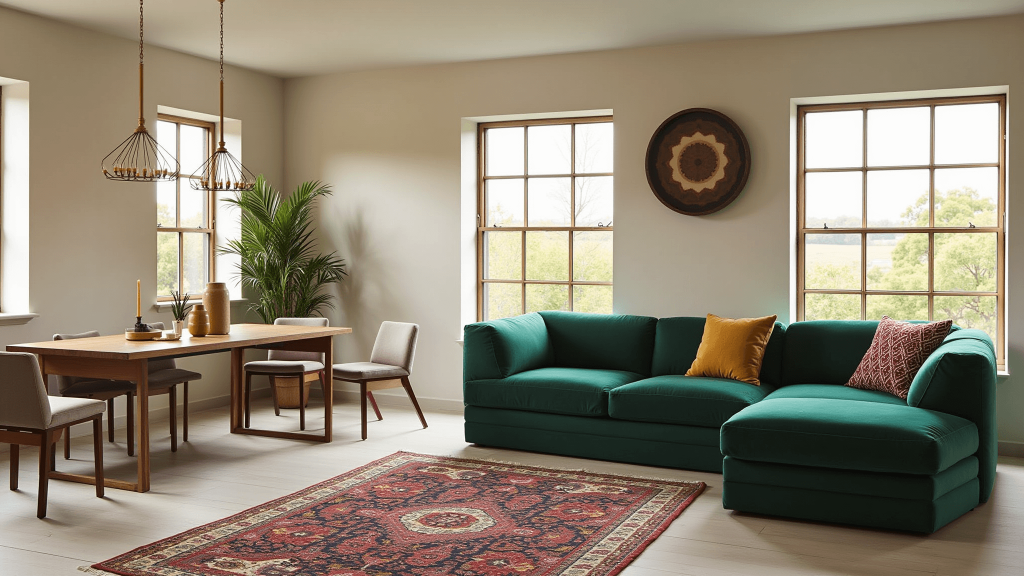 "Modern living room with emerald velvet sofa, brass chandelier, Persian rugs, and warm golden hour light streaming through windows, creating a cozy atmosphere."