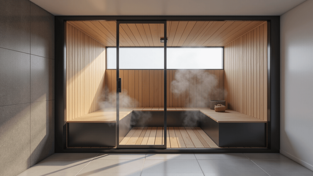 "Modern home sauna with glass walls, wooden benches, ambient lighting, and steam in the air"