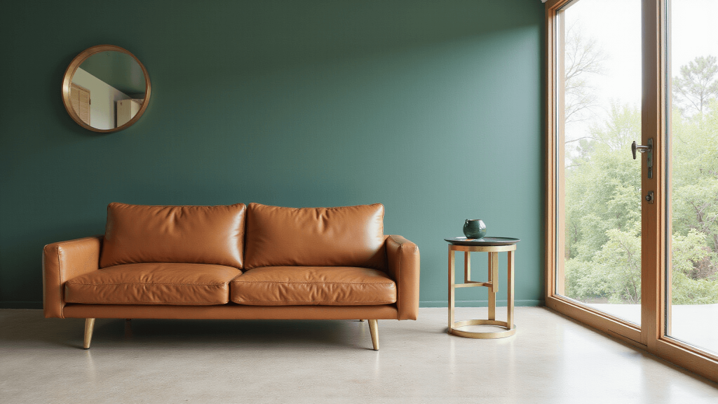 "Modern interior design with forest green wall, cognac leather sofa, brass accents, and natural light through floor-to-ceiling windows"