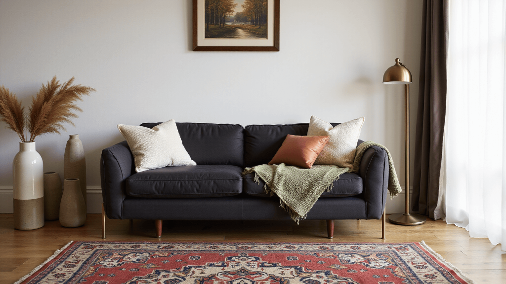 "Modern living room interior with dark grey sofa, cream pillows, sage green throw, brass lamp, vintage Persian rugs and golden sunlight through curtains"