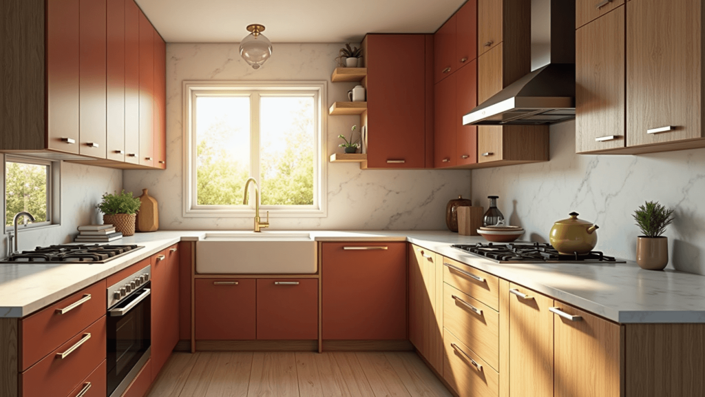 "Modern kitchen with rust oak cabinets, brass hardware, and marble countertops illuminated by golden sunlight streaming through windows"