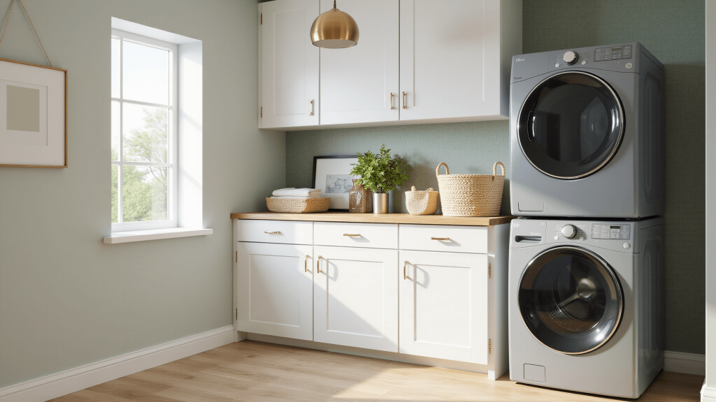 "Modern laundry room with stacked washer and dryer, white cabinets, sage wallpaper, seagrass baskets, brass pendant light, and oak flooring"