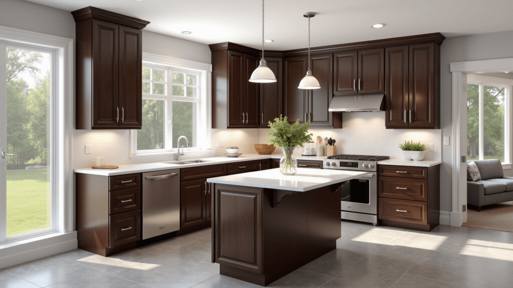"Luxury kitchen with espresso brown cabinets, white quartz countertops, stainless steel appliances, and natural morning light"