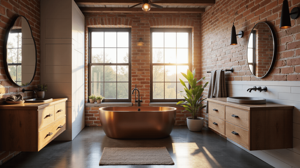 "Interior shot of luxury rustic-modern barndominium bathroom featuring exposed brick, wood vanity, copper tub, and industrial windows"