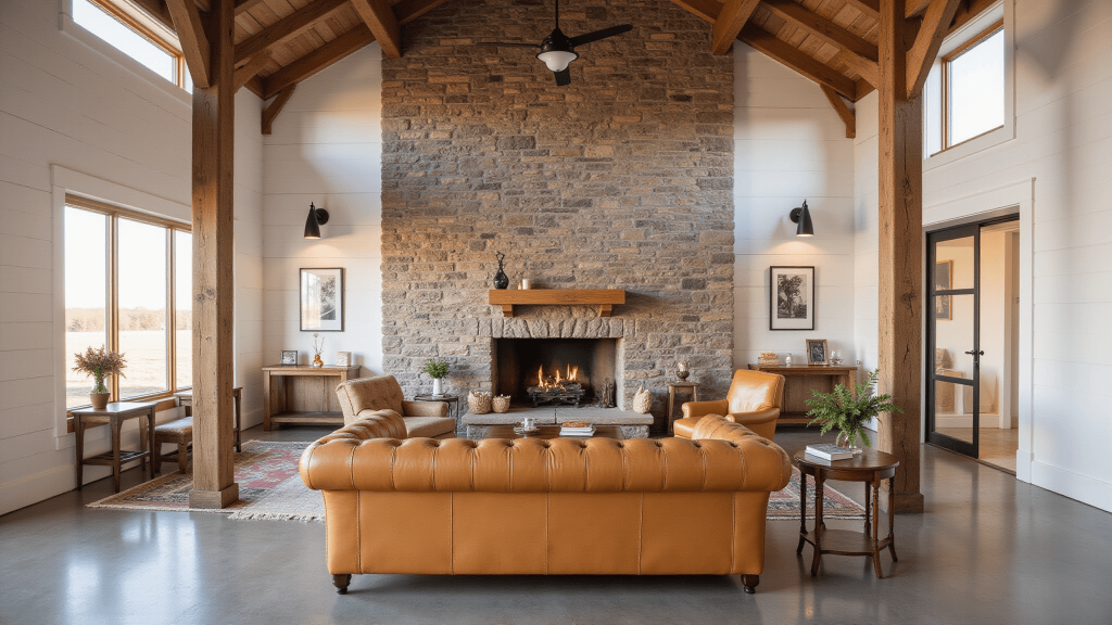 "Rustic modern barndominium interior with exposed beams, white shiplap walls, and a stone fireplace during golden hour"