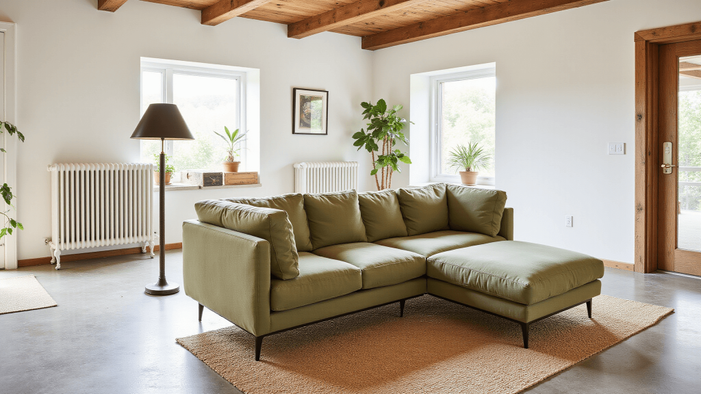 "Modern living room with sage green sofa, reclaimed wood beams, brass lamp, potted plants and natural afternoon light streaming through windows, with focus on jute rugs and warm glow on clean background."