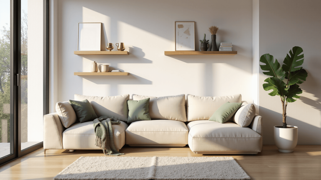 "Minimalist Scandinavian living room with cream sofa, brass accents, floor-to-ceiling windows, sage green accents, oak flooring, and a fiddle leaf plant"