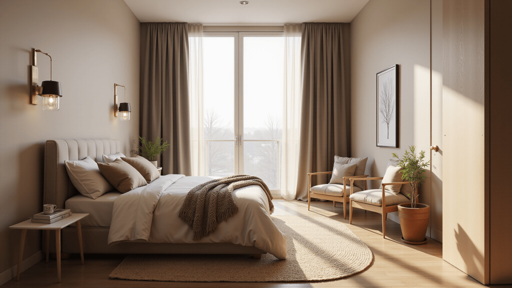 "Modern beige bedroom with layered textures, natural light, knit throw, velvet cushions, jute rug, and brass accents in a sunlit minimalist interior."
