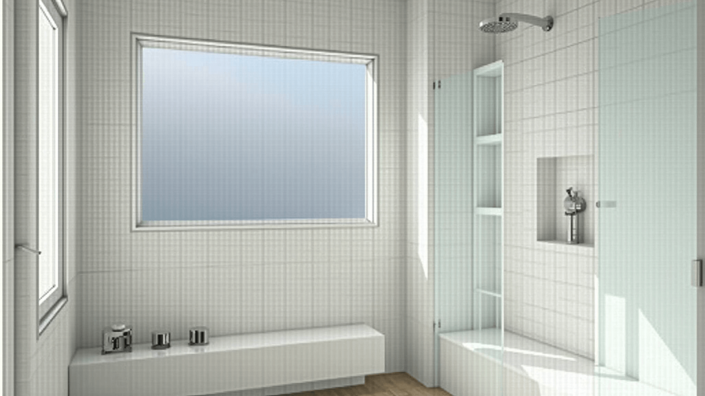 "Modern minimalist bathroom with white subway tiles, frameless glass shower, chrome fixtures, and natural light"