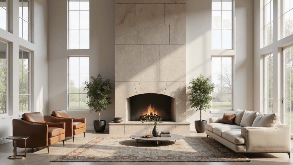 "Modern two-story living room with floor-to-ceiling limestone fireplace, cream sectional sofas and vintage rugs, bathed in natural light from tall windows."