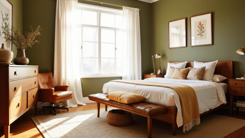 "Sunlit bedroom with olive green walls, walnut dresser, modern bed with white linens and vintage brass accents, terracotta and mustard textiles, and worn leather armchair with soft golden lighting"