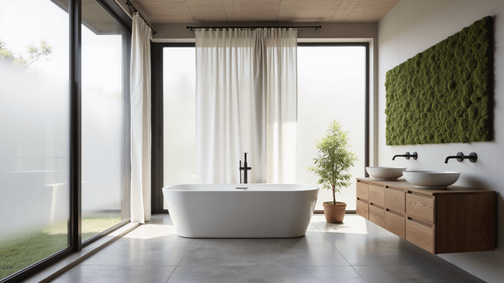 "Modern Zen bathroom with teak vanity, soaking tub, and natural light through frosted windows."