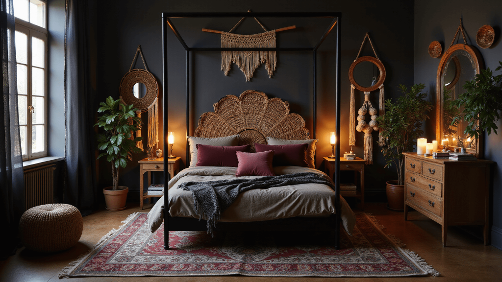 "Moody bedroom with black canopy bed, rattan peacock headboard, burgundy velvet pillows, macramé wall hangings, and warm candlelight."