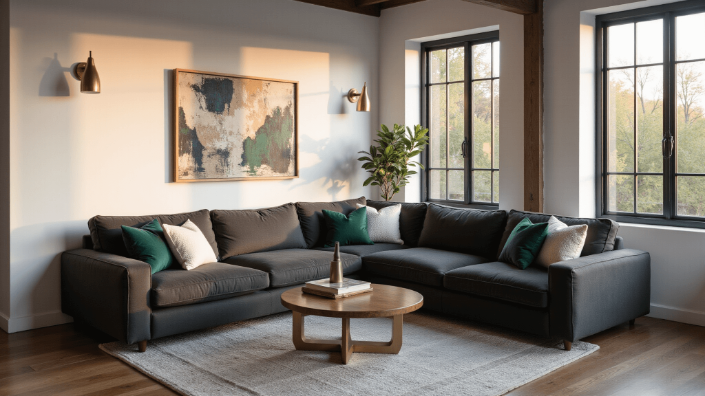 "Sophisticated living room with charcoal sofa, emerald and cream throw pillows, brass accent lighting, abstract wall art, and industrial-style windows during golden hour"