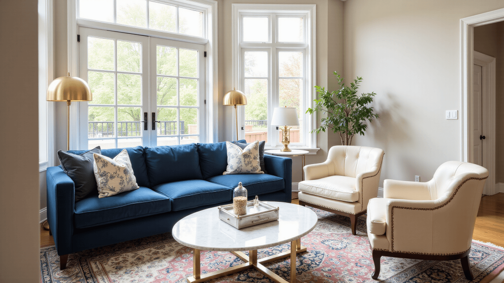 "Elegant navy blue living room with marble coffee table, Persian rug, and cream leather chairs in natural sunlight."
