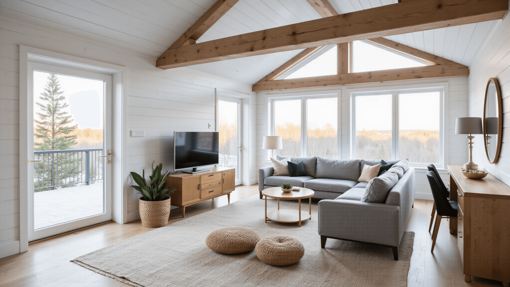 "Interior of a Nordic cabin with white shiplap walls, exposed beams, a gray linen sofa, large windows during golden hour showcasing snowy pines, all designed in minimalist Scandinavian style."