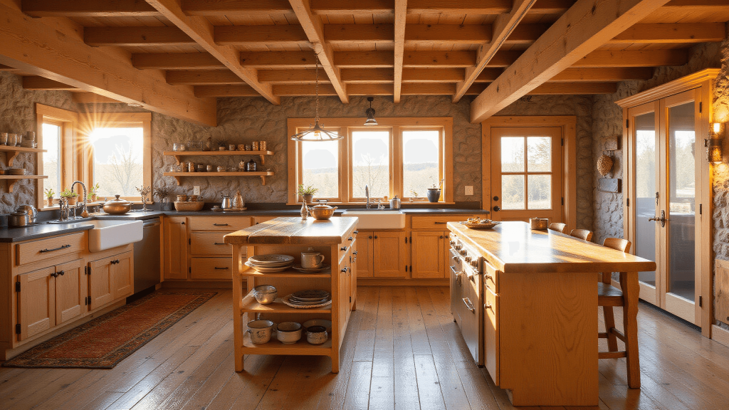 "Rustic cabin kitchen with pine cabinets, wooden beams, farmhouse sink, and warm sunlight filtering through large windows"