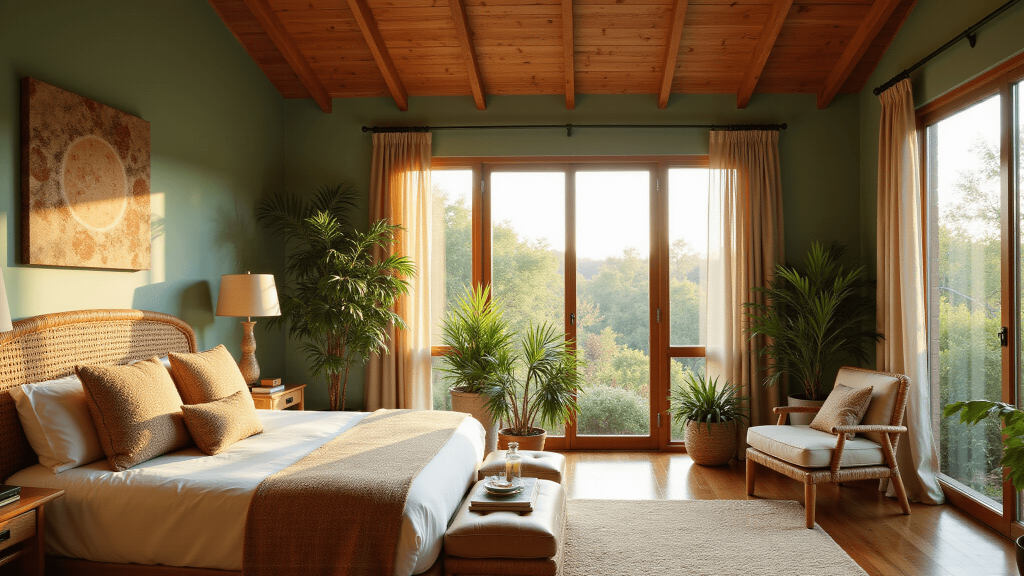 "Sage green bedroom with terracotta accents, rattan bed, hanging tropical plants, and sunlight streaming through windows"