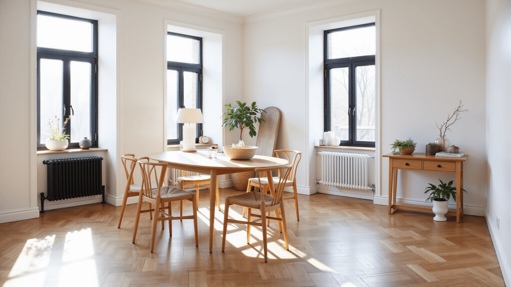 "Scandinavian dining room with a light oak table, wishbone chairs, herringbone floors, and minimal decor, bathed in morning light streaming through tall windows"