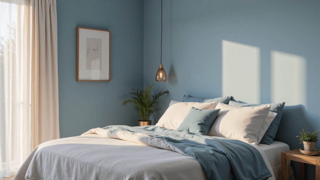 "Serene blue and white bedroom with minimalist design, natural light, and organic accents"