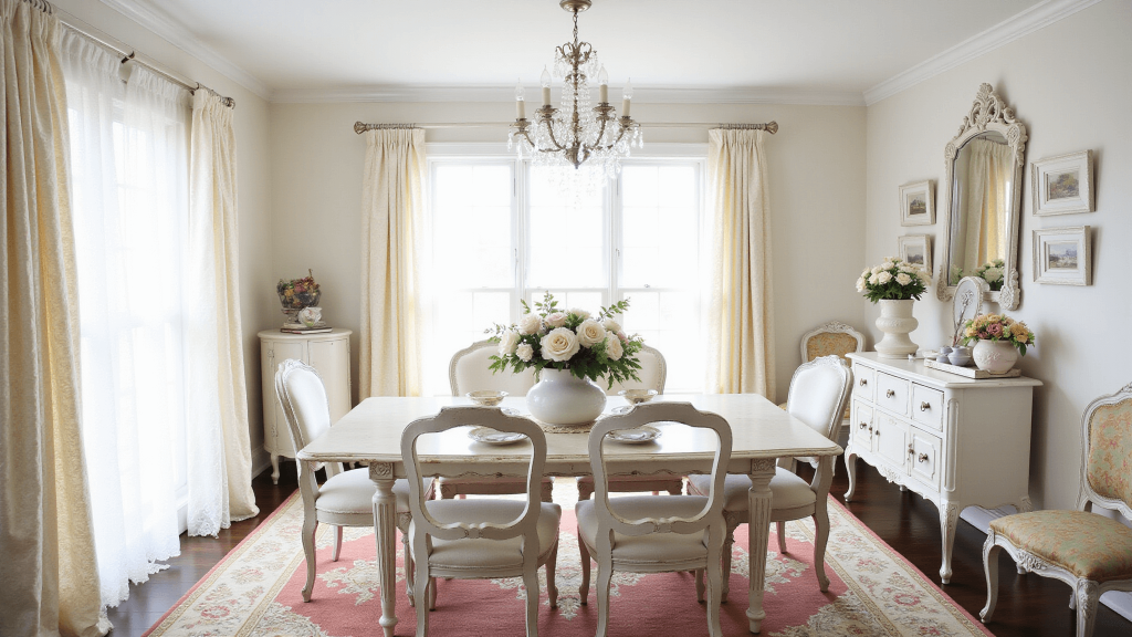 "Sunlit shabby chic dining room with a white distressed table, crystal chandelier, lace curtains, antique mirror, Persian rug, vintage roses, and soft pastel tones."