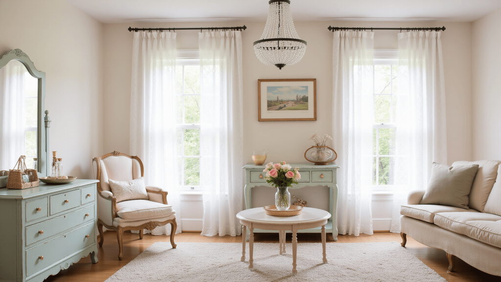 "Shabby chic pastel-toned interior featuring distressed furniture, lace curtains, a crystal chandelier, and natural light for a romantic atmosphere"