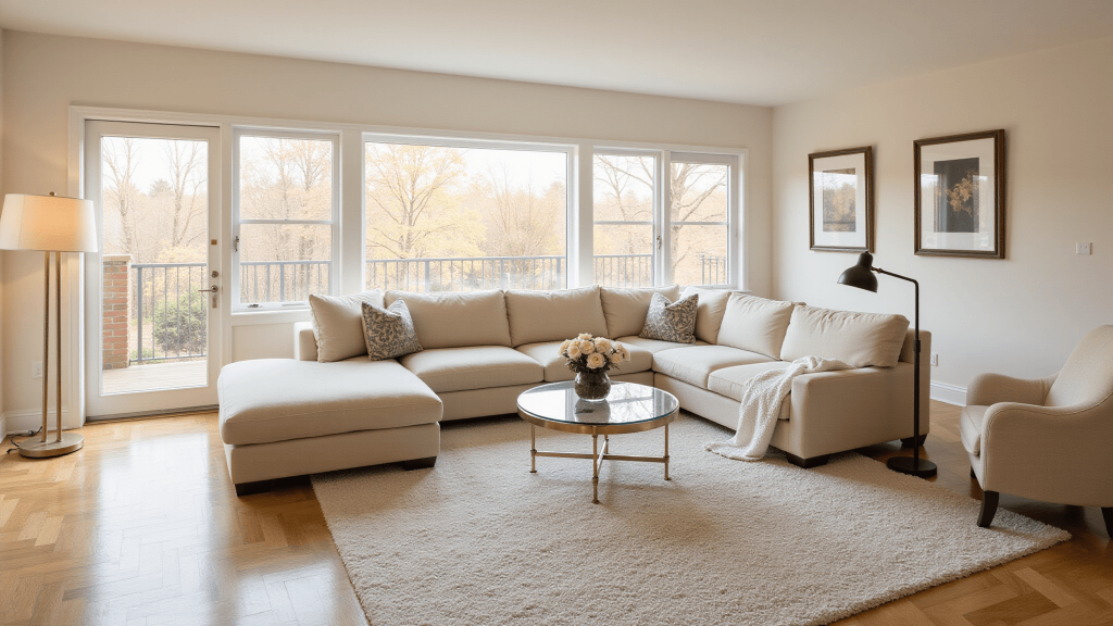 "Sophisticated transitional living room with cream sectional, brass accents, herringbone hardwood floors, and floor-to-ceiling windows during golden hour"