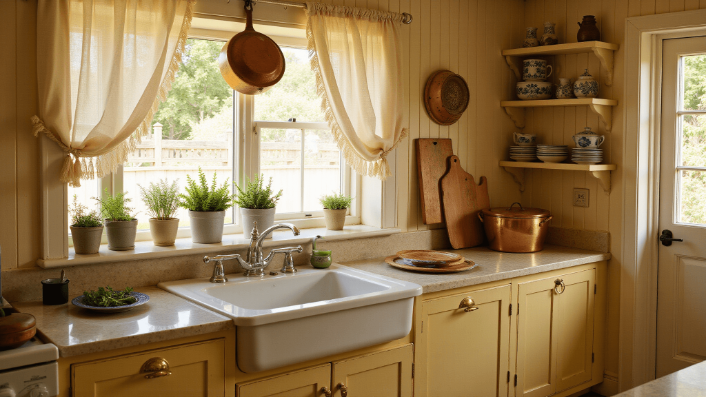 "Vintage farmhouse kitchen with pale yellow cabinets, copper pots, marble countertops, and soft morning light"